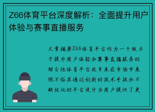 Z66体育平台深度解析：全面提升用户体验与赛事直播服务